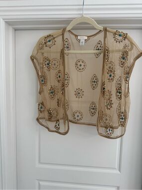 Chico’s Embroidered Sheer Open-Front Bolero Jacket - Beige w/ Turquoise Accents